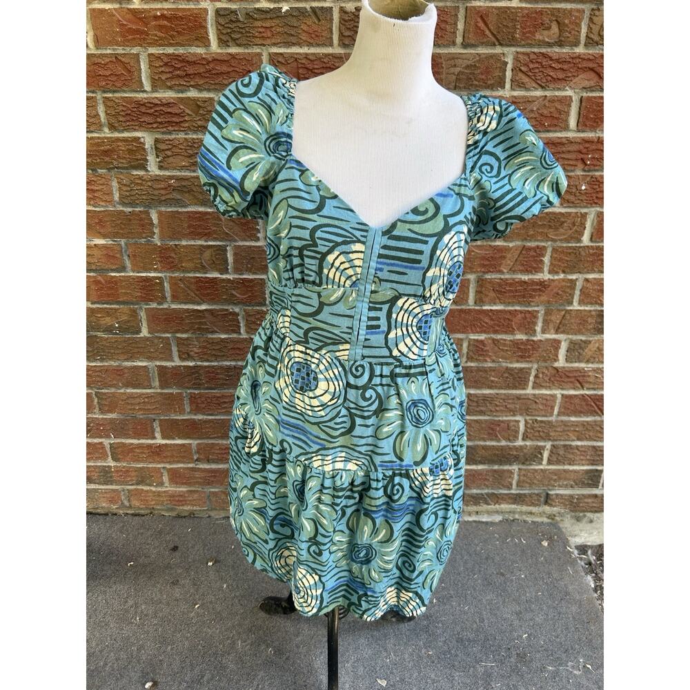 House of Harlow Linen Blend Blue Teal Floral Print Puff Sleeve Mini Dress Large - Picture 3 of 6